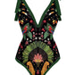 Vintage Print Deep V One Piece Swimsuit Set