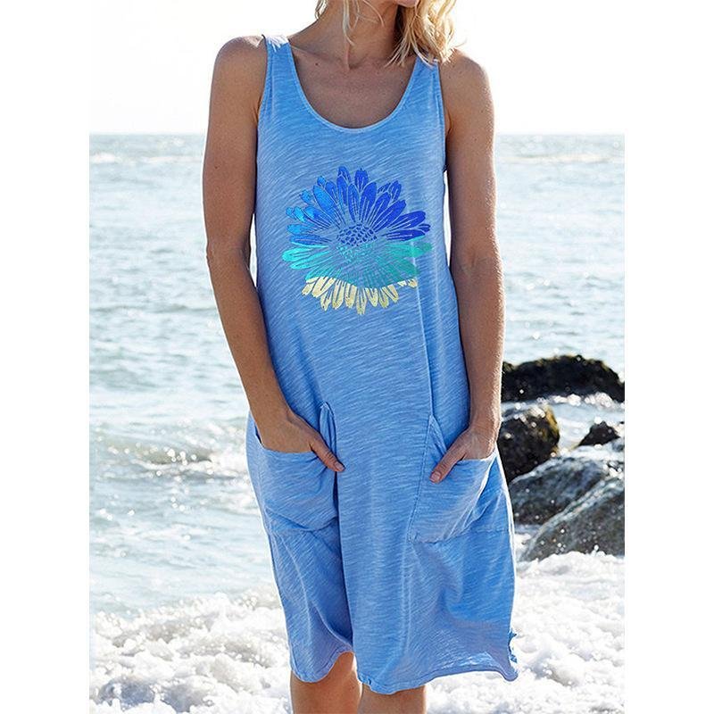 Printed Sleeveless Knit Casual Long Dress