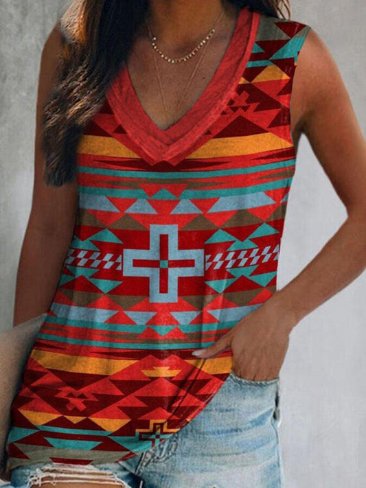 Vintage Geometric Print V-Neck T-Shirt