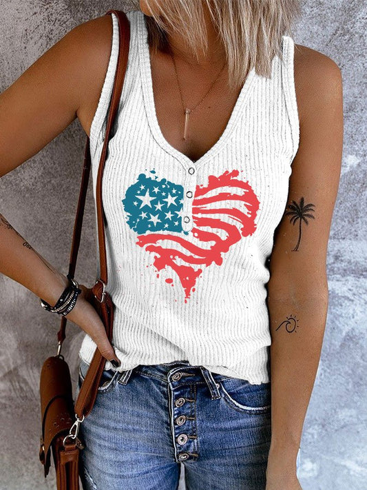 Women's Flag Heart Print Button Vest