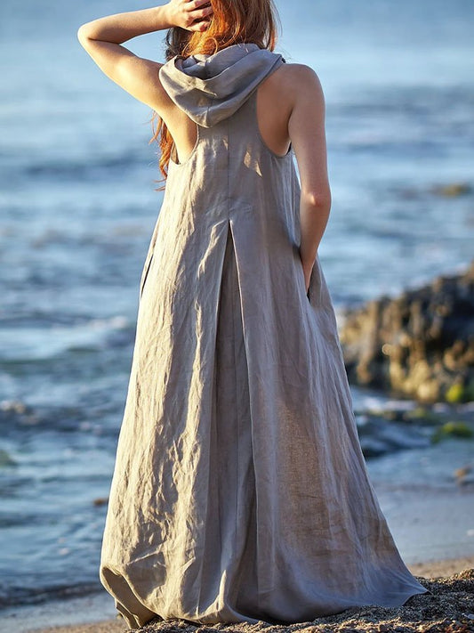 Sleeveless Hooded Long Cotton Linen Dress