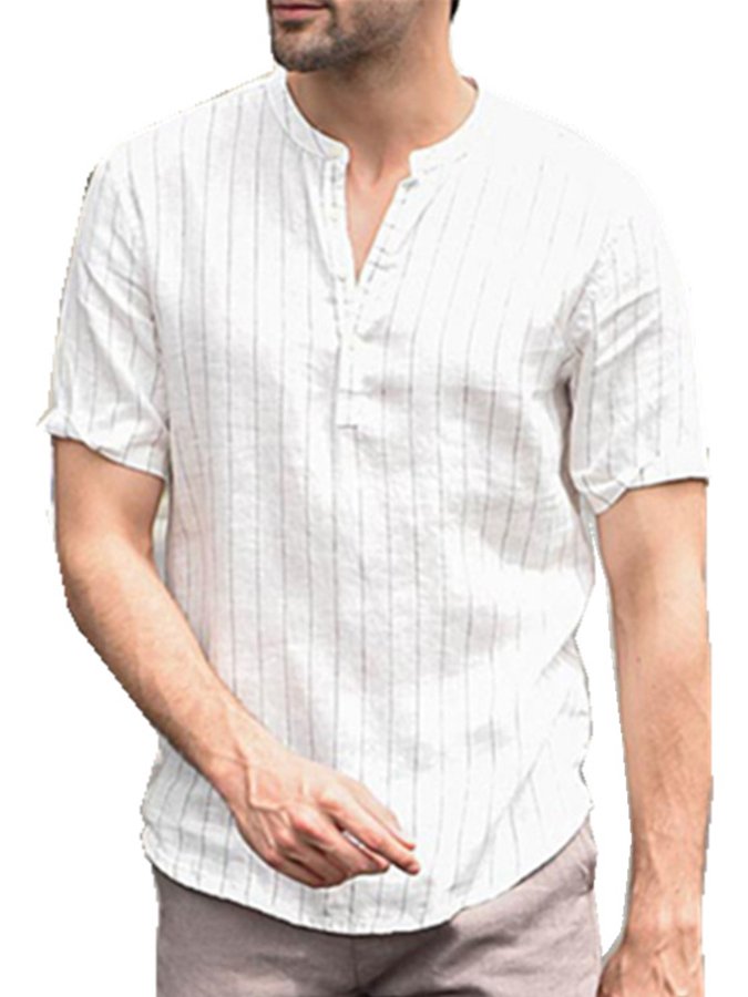 Men's Cotton Linen Striped Casual Stand Collar Pullover Shirt