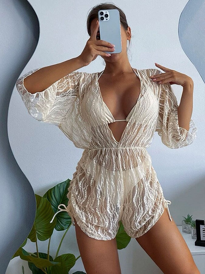 Sexy mesh waist drawstring sunscreen blouse 3-piece bikini
