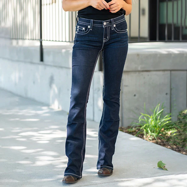 Feather Embroidery Mid Waist Stretchy Jeans