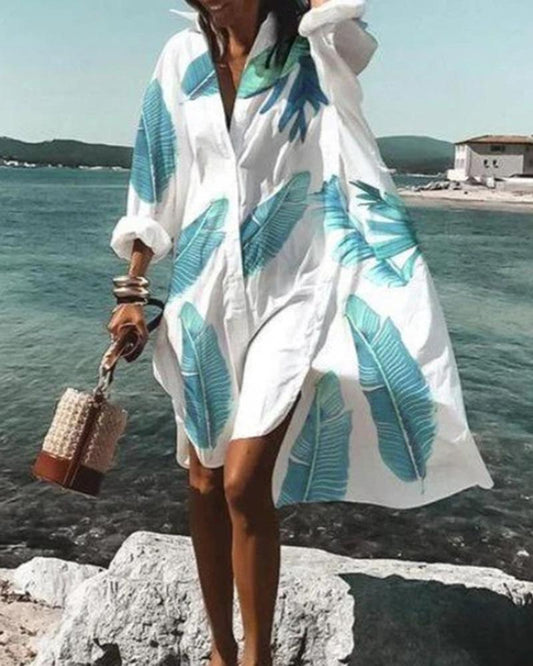 Fashion Leaf Print Shirt Dress