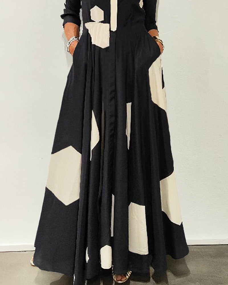 Long Sleeve Lapel Geometric Print Dress