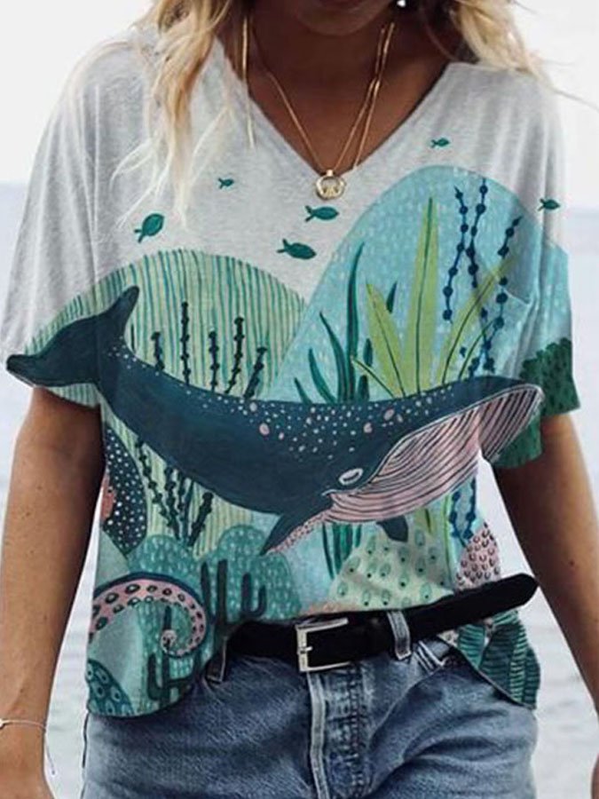 Whale Print V-Neck T-Shirt