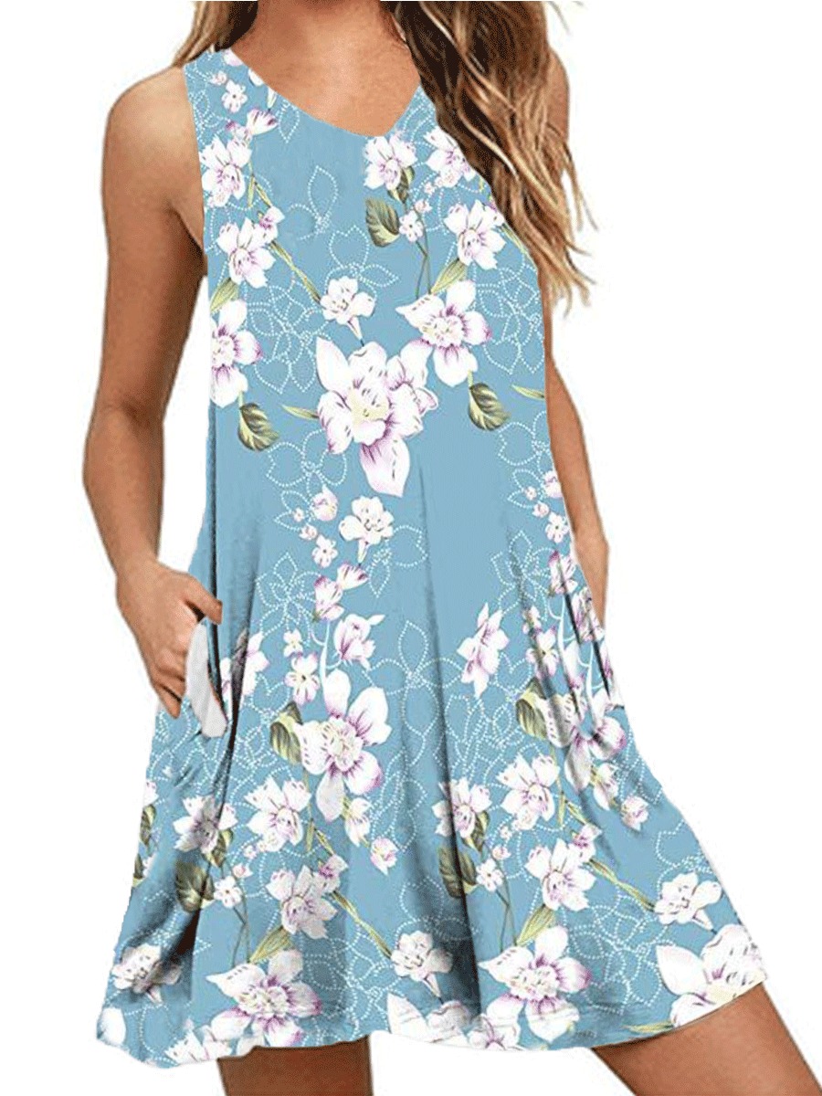 V-neck Print Sleeveless Pocket Dress