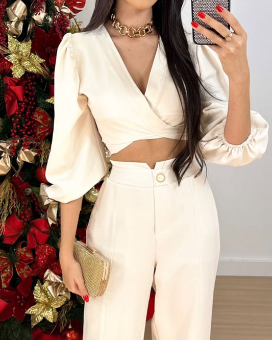 Casual Solid Color V-neck Top & Pants Two-piece Set