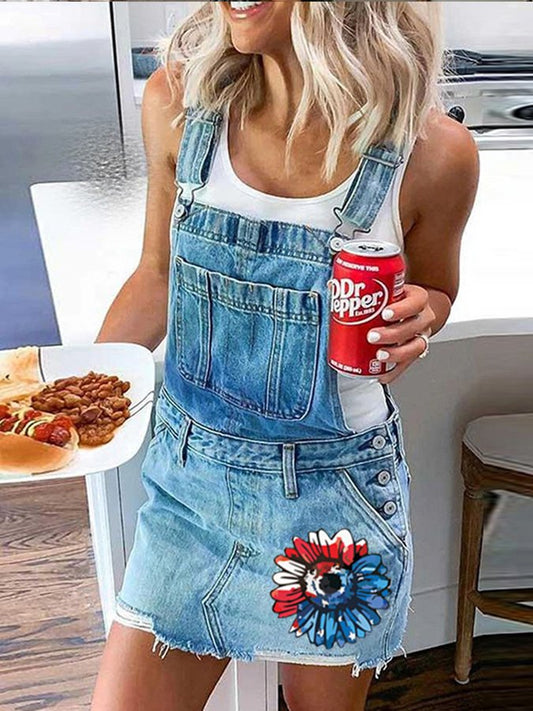 Women's Independence Day Sunflower Denim Strap Dress