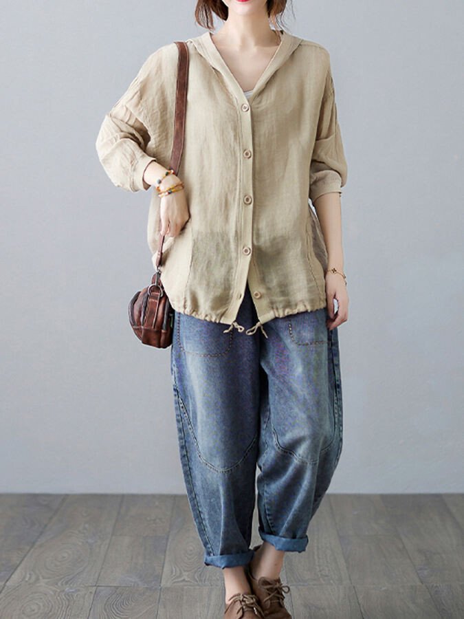 Women's Loose Casual Ramie Long Sleeve Shirt