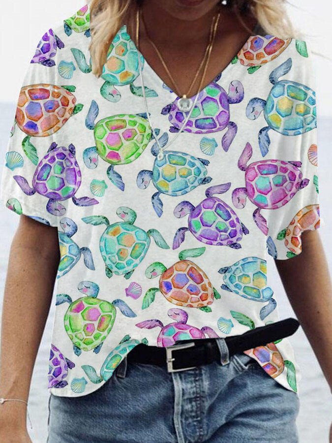 V-Neck Turtle Print T-Shirt