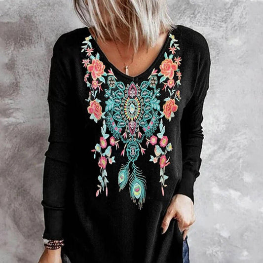 Ladies Casual Vintage Western V-Neck Print Long-Sleeved Top