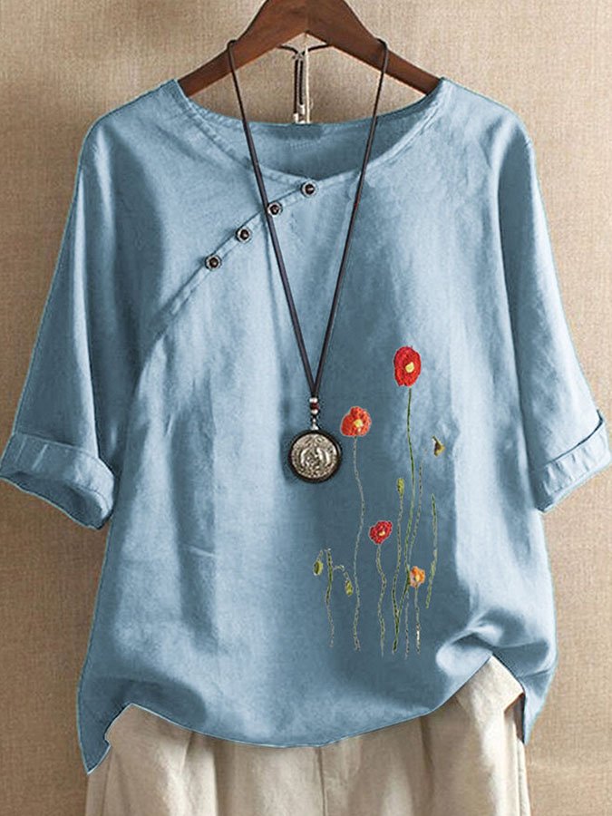 Twist-Button Vintage Print Top