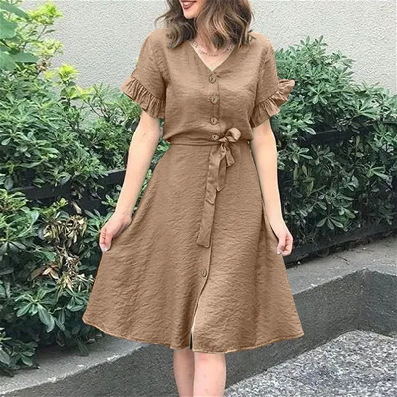 Casual Single Breasted  Short-sleeves Dress