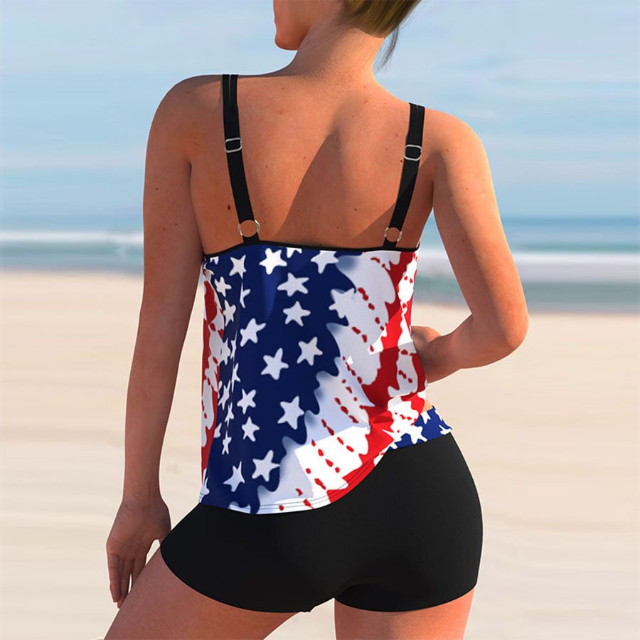 Women's Plus Size Color Matching Digital Printing Split Bikini Swimsui