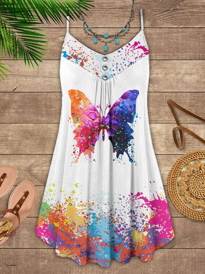 Watercolor Butterfly Print Spaghetti Strap Dress