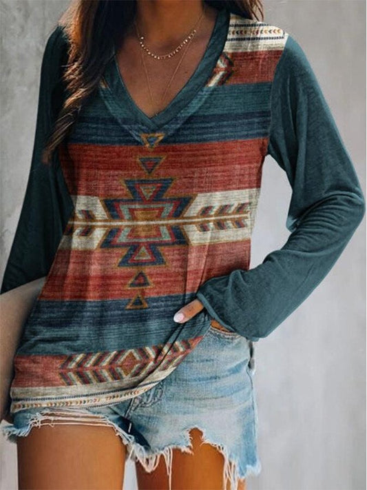 Ethnic Print V-Neck T-Shirt