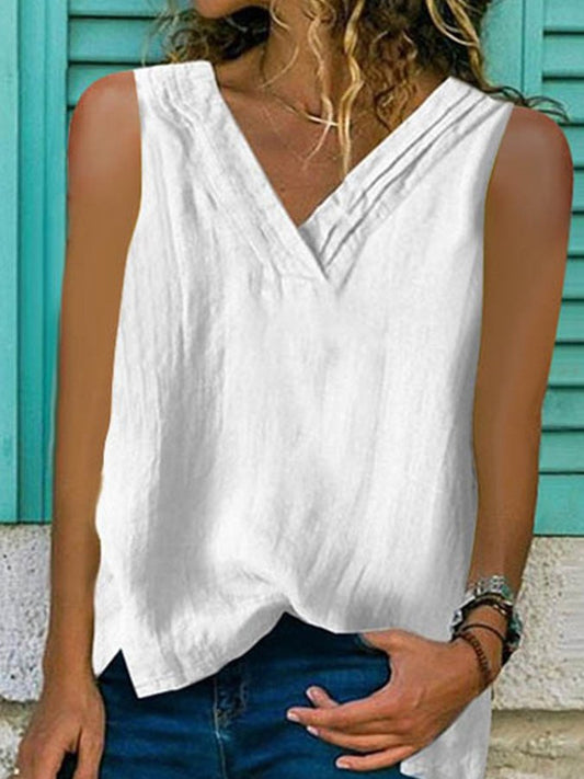 Ladies Cotton Linen V-Neck Hem Bifurcated Sleeveless Shirt