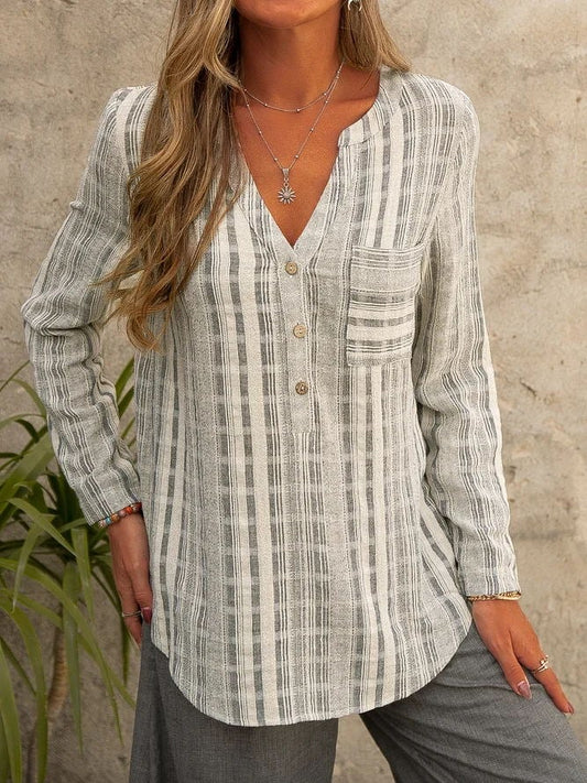 Women&#039;s Cotton Linen Loose V Neck Button Pocket Check Shirt
