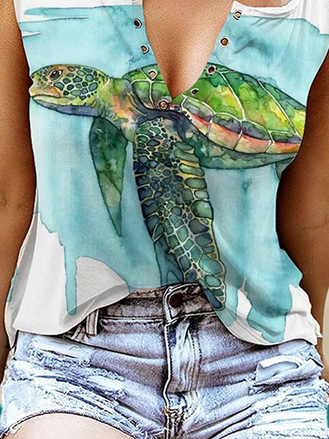 Turtle Print V-Neck Tank Top