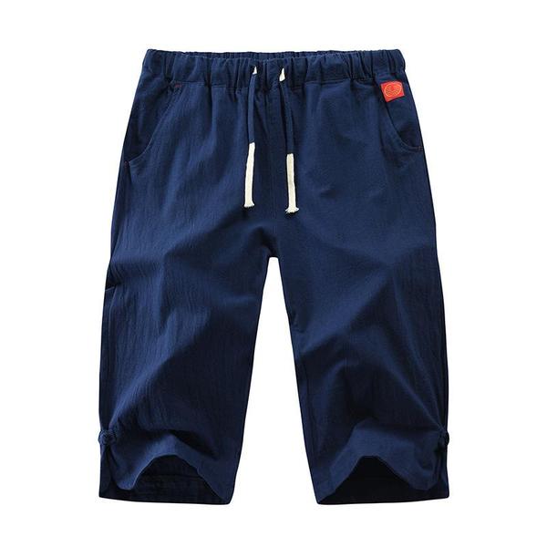 2022Men's Summer Plain Casual Cotton And Linen Cropped Trousers.Loose fitting and breathable