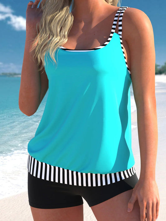 Cyan Striped Double Straps Tankini Set