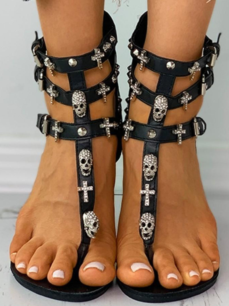 Skull Rhinestone Straps Flat Sandals