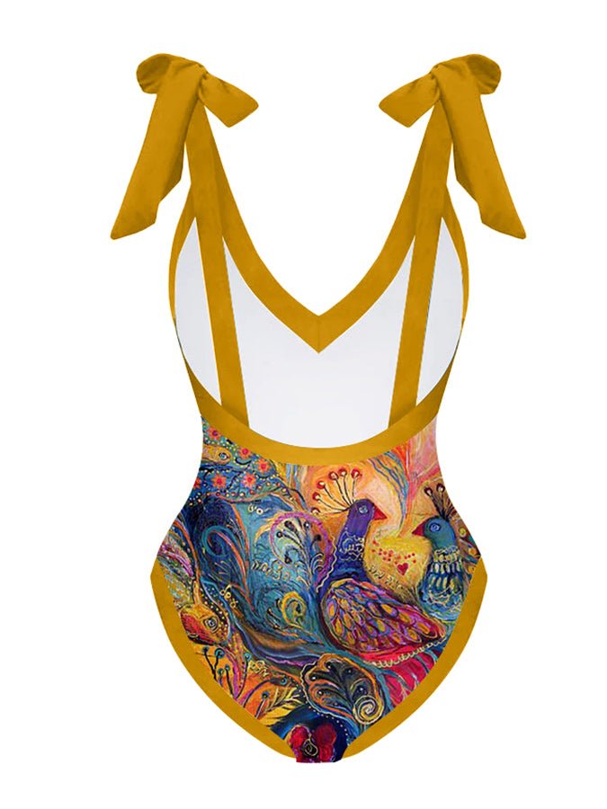 Deep V Vintage Abstract Print One-Piece Swimsuit Set