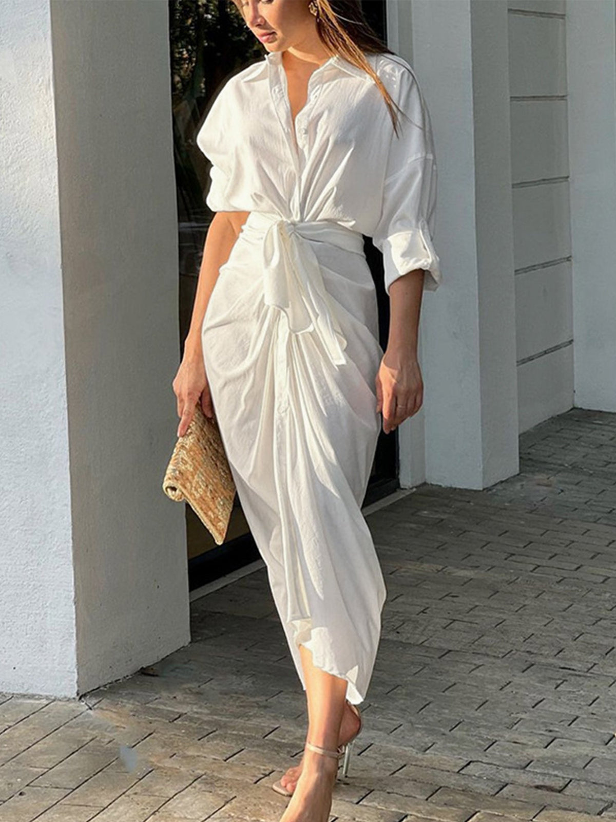 Women's Solid Color Sexy Pleated Arms Cardigan Shirt Dress