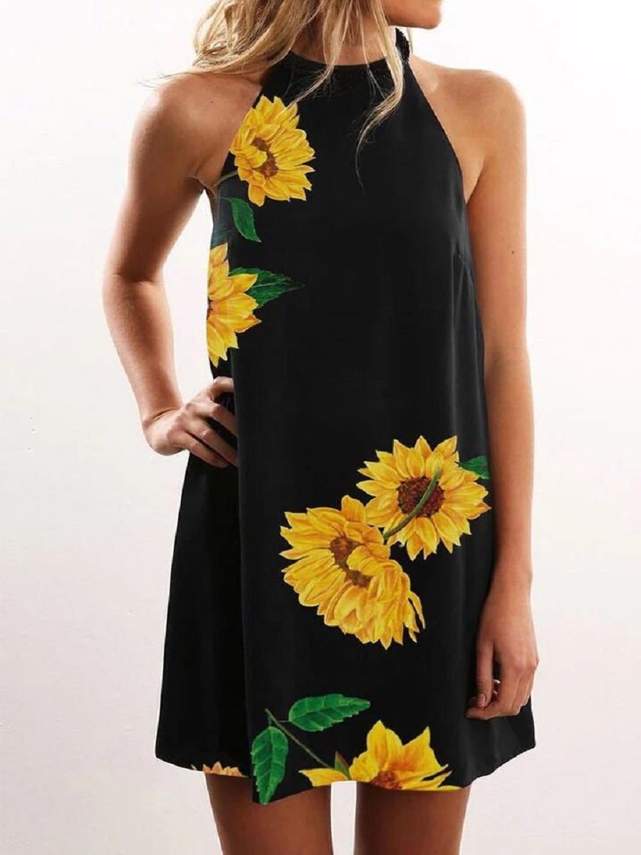 Sunflower Print Halter Open Shoulder Dress