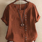 Women's Vintage Cotton Linen Button Crew Neck Short Sleeve T-Shirt