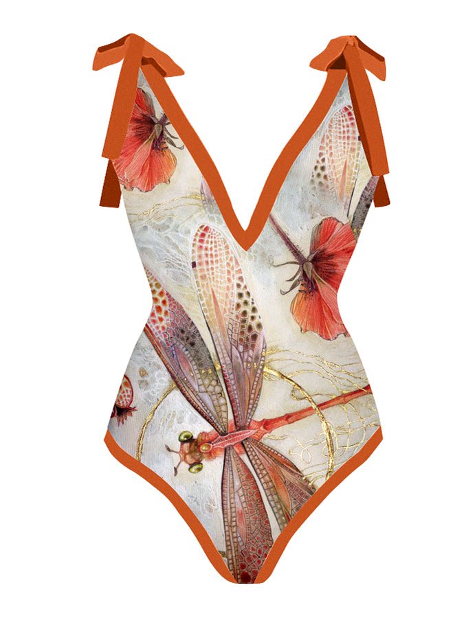 Fashion Print V-Neck One Piece Swimsuit Set