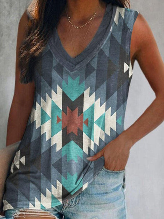 Vintage Geometric Print V-Neck T-Shirt