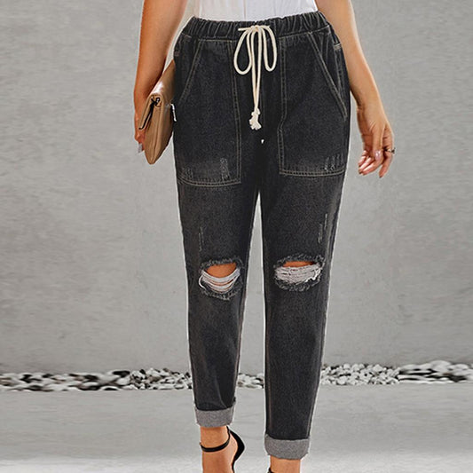 Women Solid Color Hole Low Waist Jeans