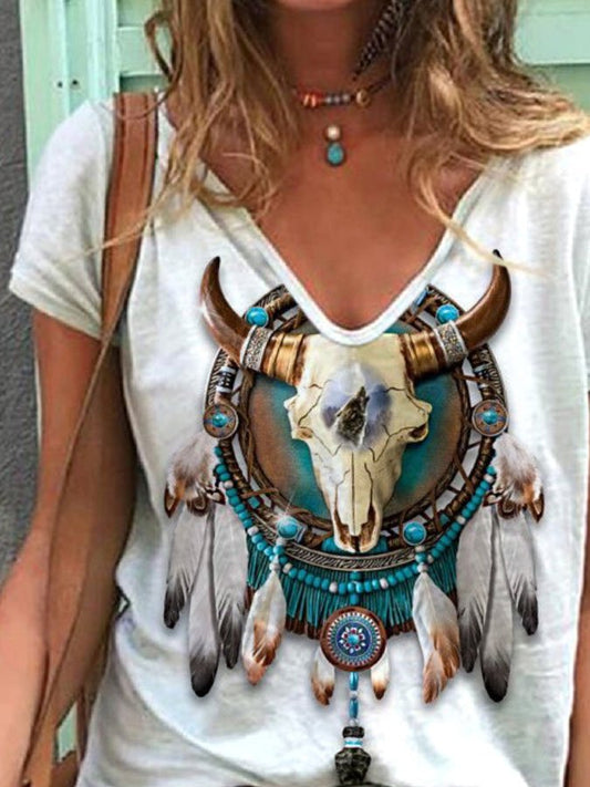 V-Neck Ethnic Print Short Sleeve T-Shirt