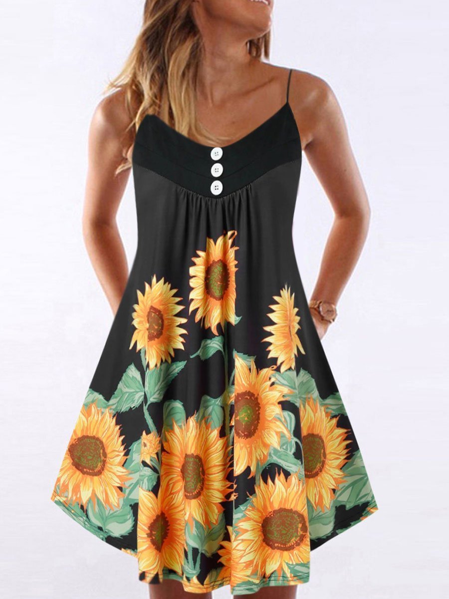 Sunflower Print Strapless Dress