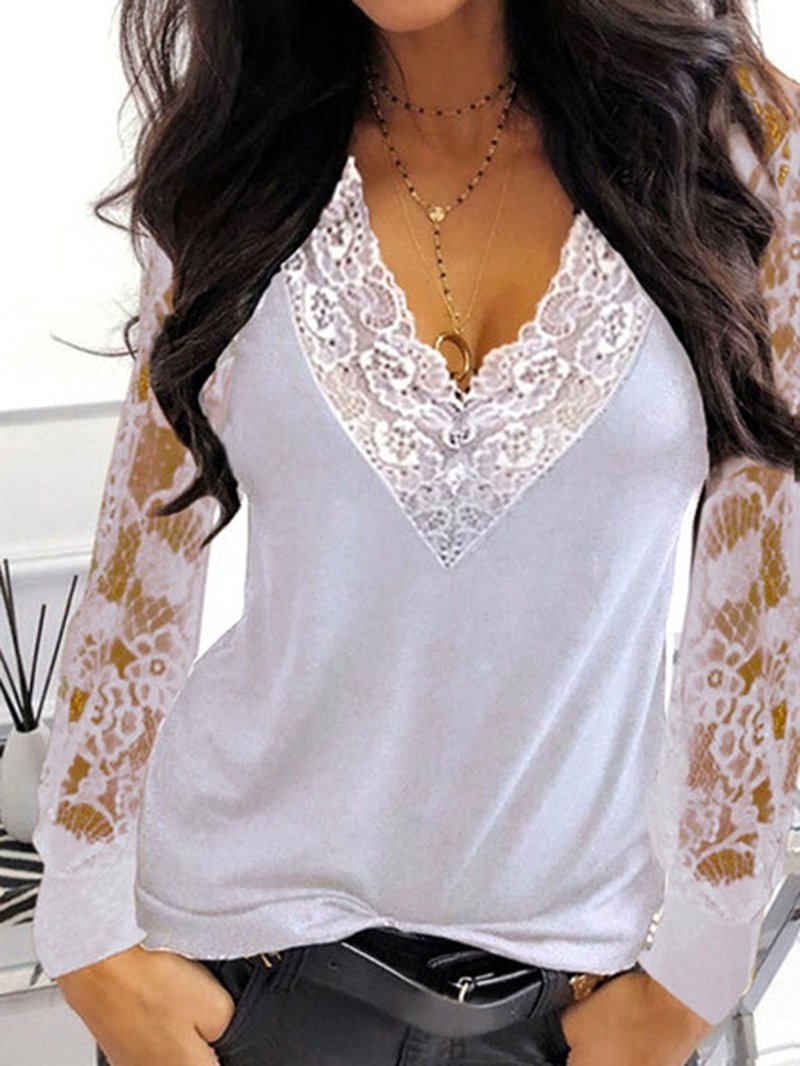 Lace Splicing V-neck See-through Long-sleeved T-shirt