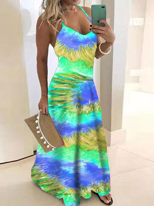 Tie-dye Diagonal Stripe Print V-neck Strap Dress