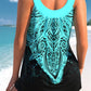 Tribal Print Wide Strap Cyan Tankini Set
