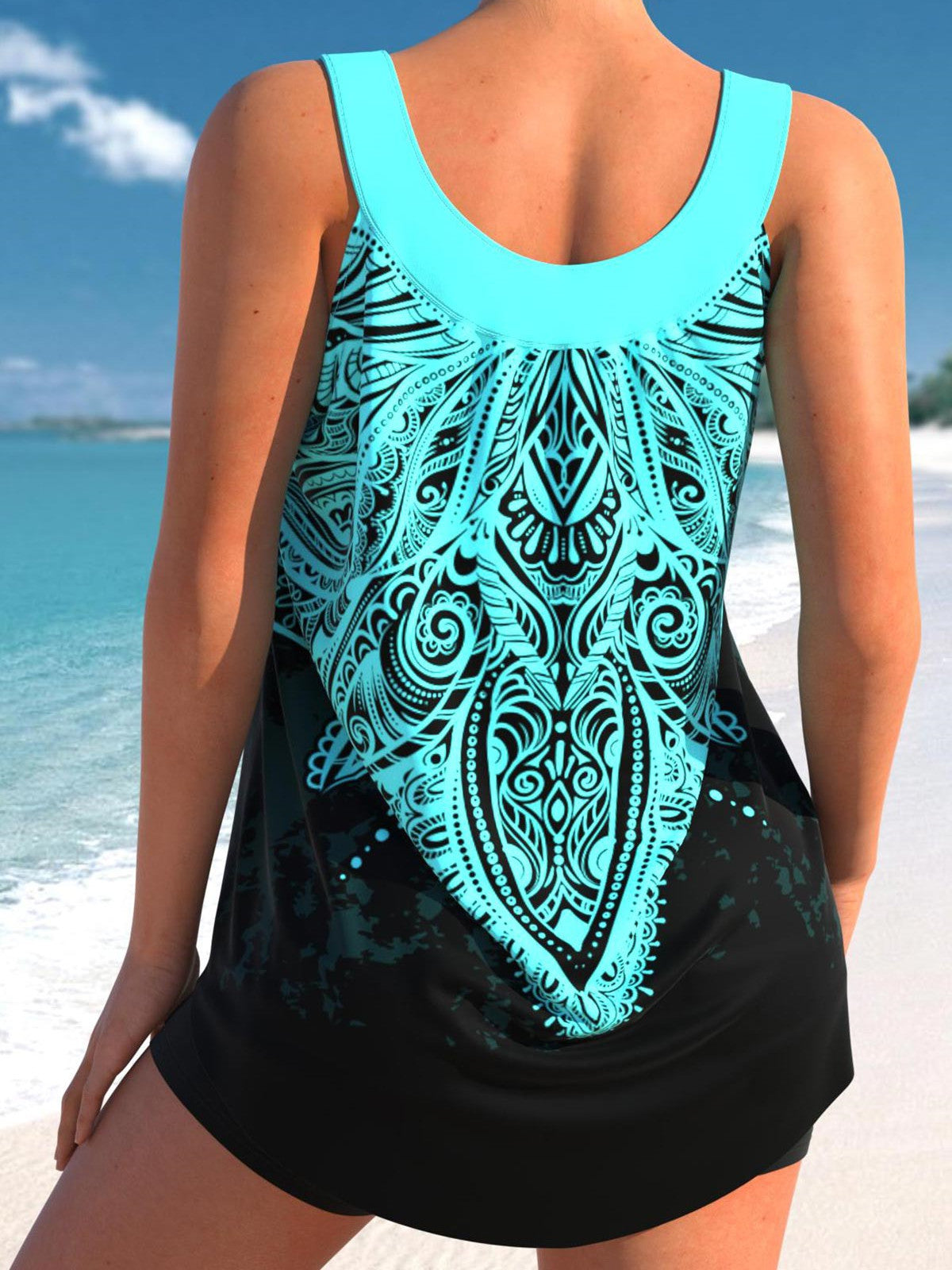 Tribal Print Wide Strap Cyan Tankini Set