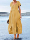 Women's Cotton Linen Round Neck Short Sleeve Pocket Irregular Hem Medium Length  Dress