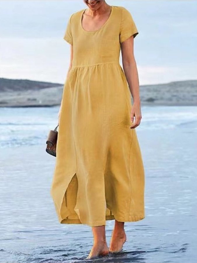 Women's Cotton Linen Round Neck Short Sleeve Pocket Irregular Hem Medium Length  Dress