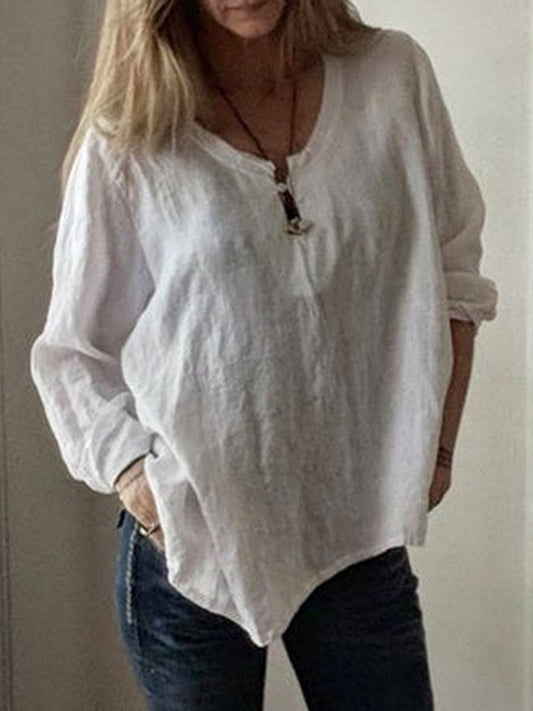 Women's Solid Color Button V-Neck Shirt