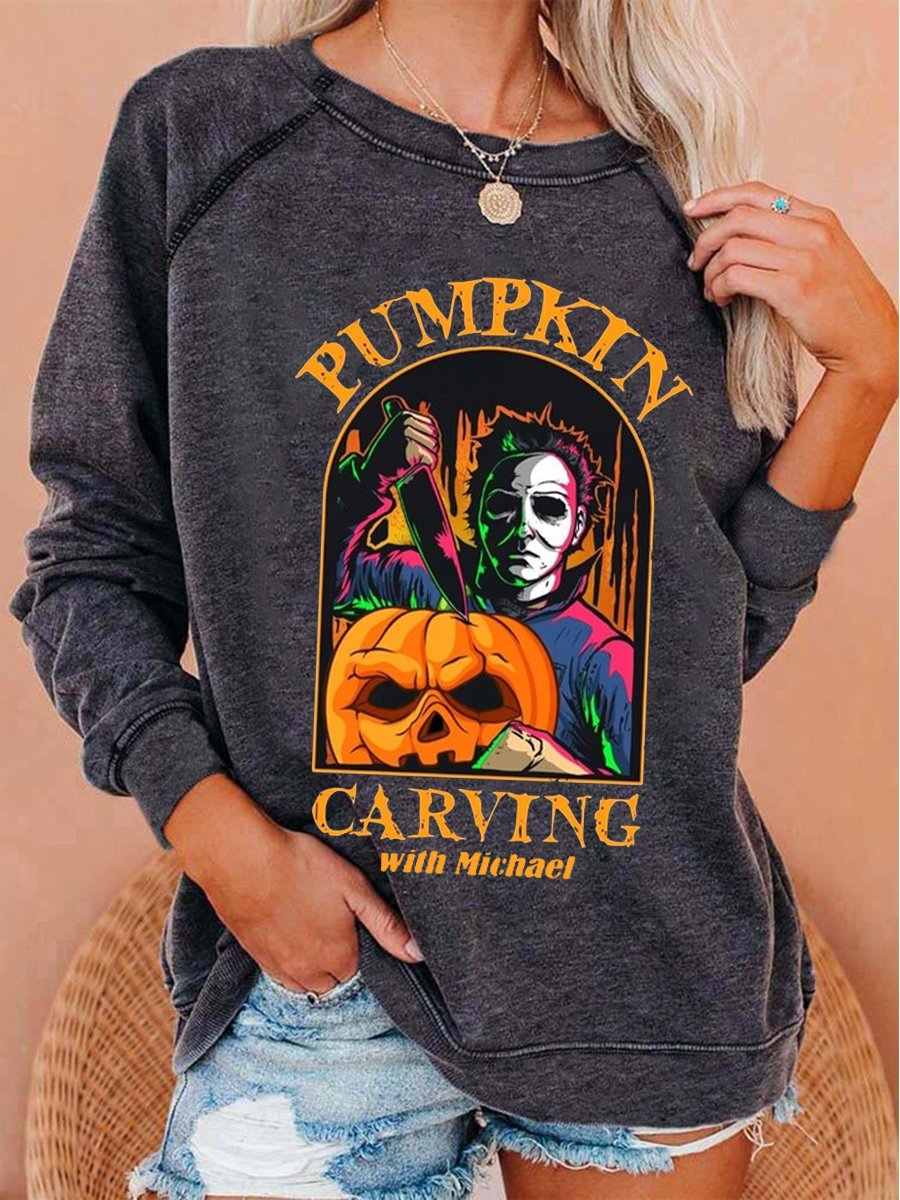 Women&#039;s Halloween Pumpkin Carving With Michael Print Top