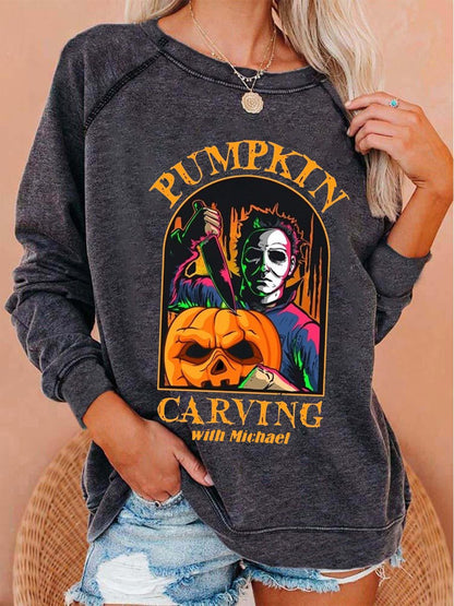 Women&#039;s Halloween Pumpkin Carving With Michael Print Top