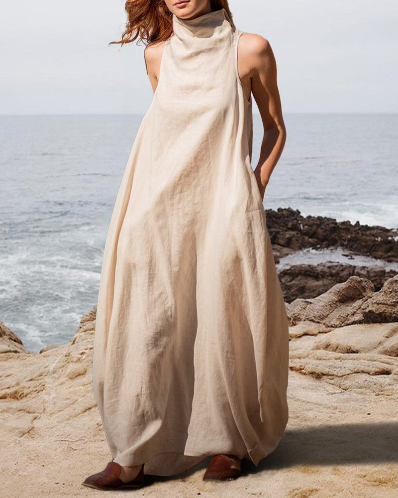 Stand Collar With Back Crinkle Linen Maxi Dress