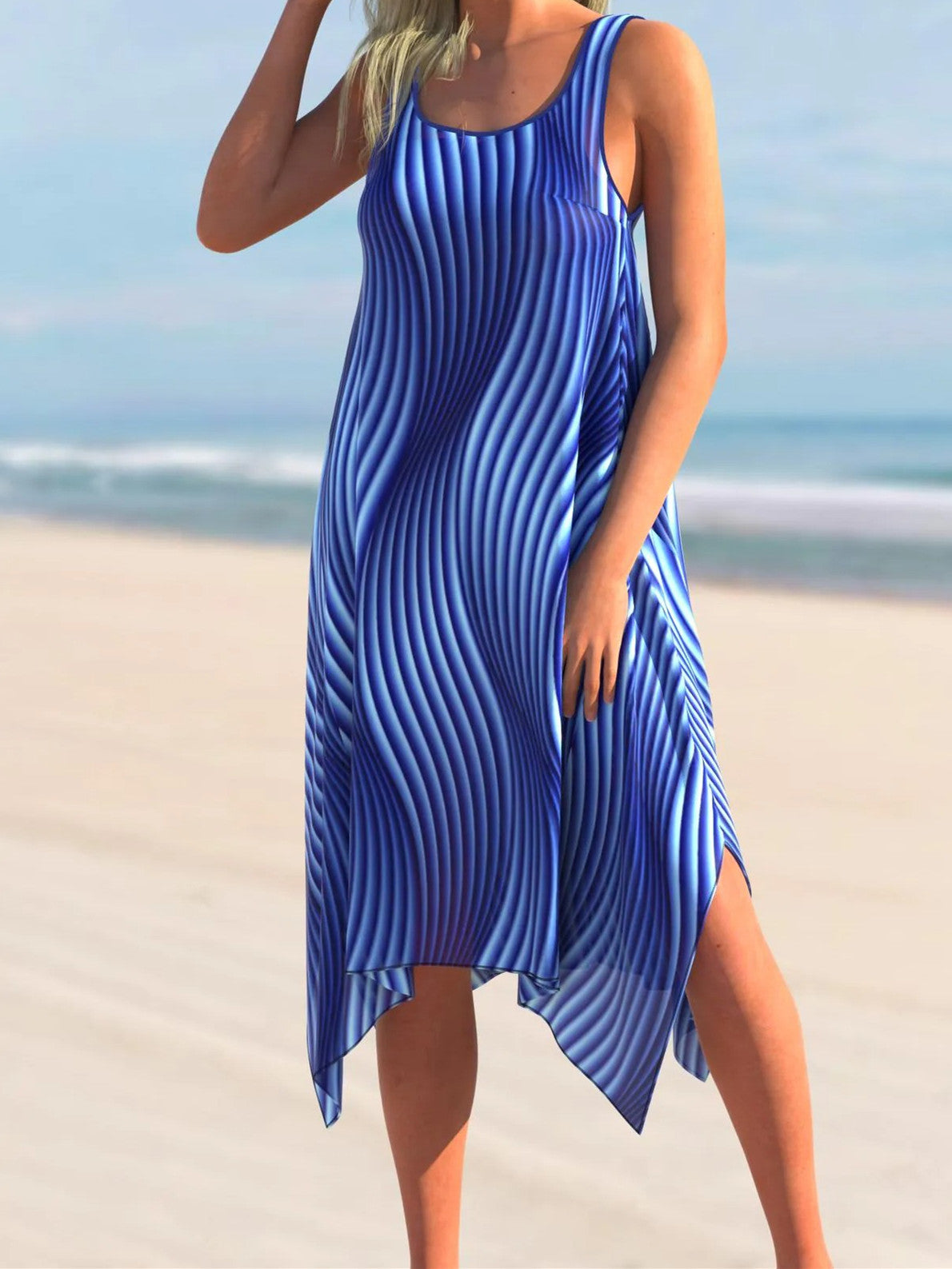 Blue Striped Asymmetric Hem Cover Up Dress