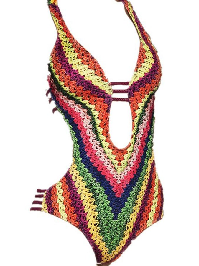 Printed Rainbow Open-Back Swimsuit