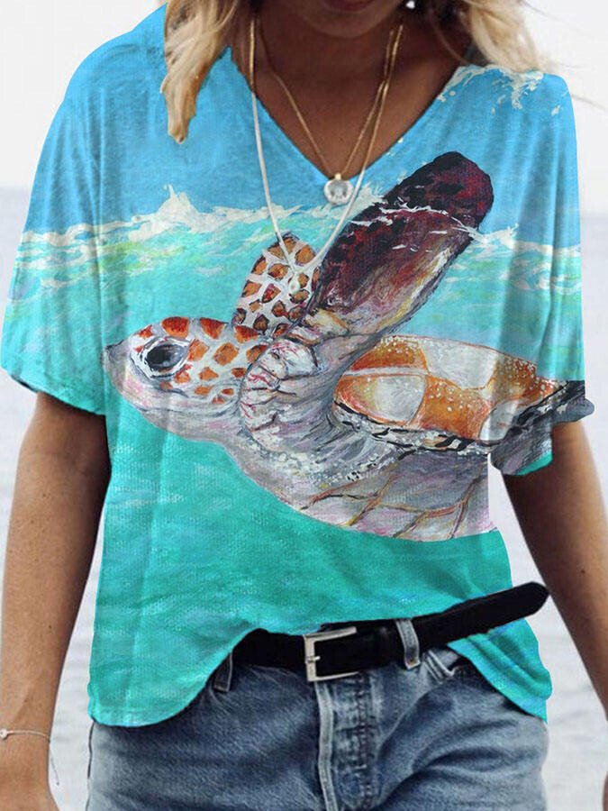 V-Neck Turtle Print T-Shirt